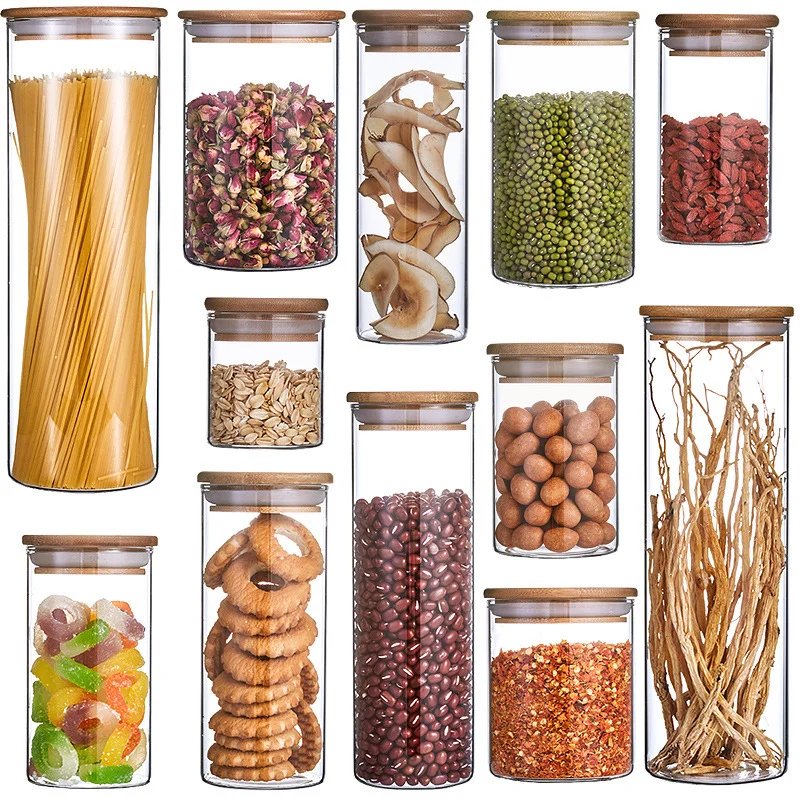 New Wood Lid Glass Airtight Canister Kitchen Cereal Dispenser Storage Box Food Keep Fresh Clear Jars Container Orgnizer