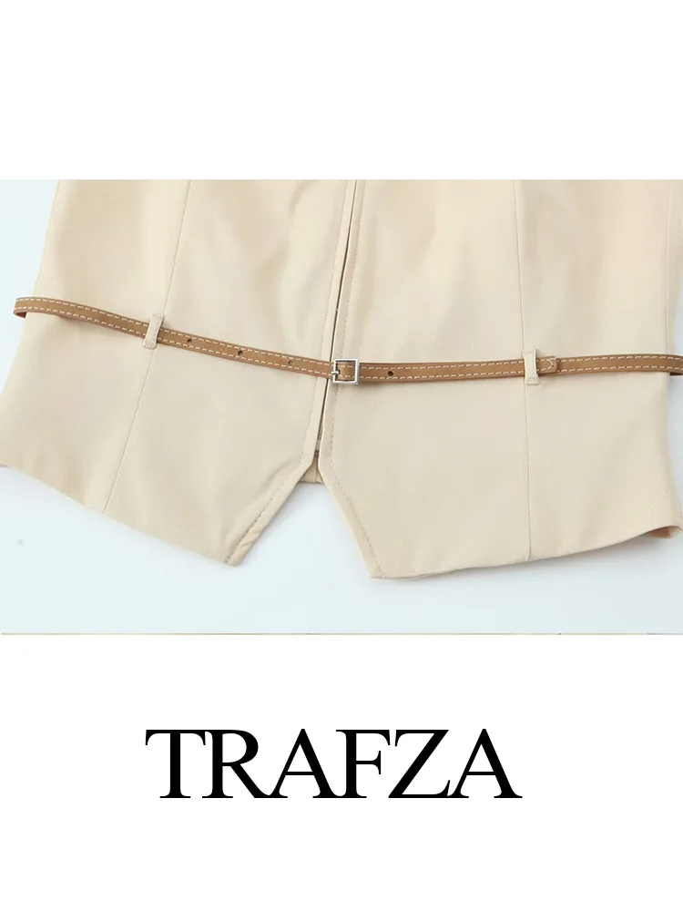 TRAFZA Women Elegant 2 Piece Set Chic Zipper Belt Decoration Solid Sleeveless Slim Vest Top Woman Mini Pleated Skirt Shorts