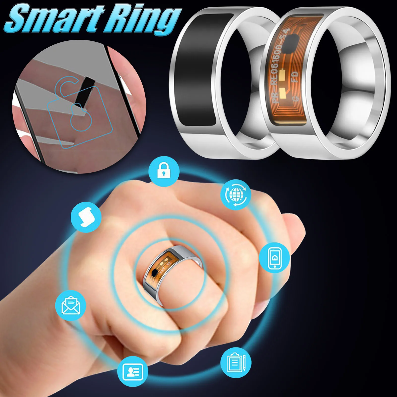 8, Black NFC Mobile Phone Smart Ring Stainless Steel Ring Wireless Radio Frequency Communication Water Resistance Jewelry for Women Men Smart Ring 
