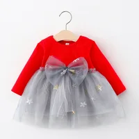Girls' Long Sleeved Dress Spring And Autumn Bow Glittering Mesh Spliced Knitted Princess Party Birthday Dress 2