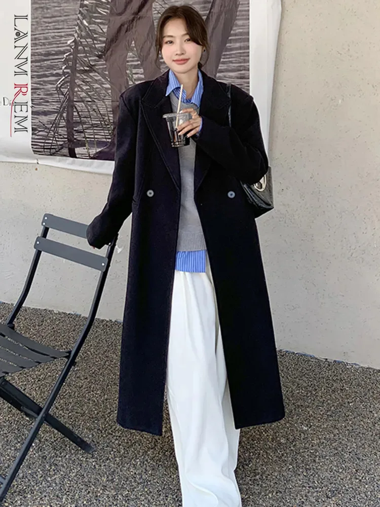 

LANMREM Office Lady Black Winter Coat Women Notched Collar Double Breasted Female Clothing Korean Style 2023 New 2AA3347