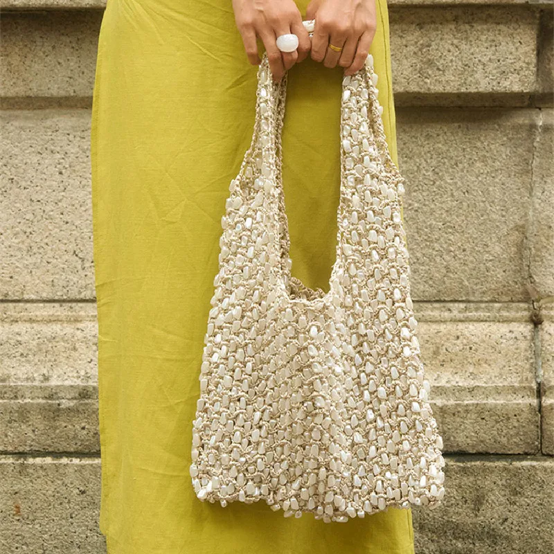 High Quality Fashion Stones Woven Handmade Bucket Bag Large Capacity Female Shoulder Underarm Bag Holiday Vacation Travel Bag