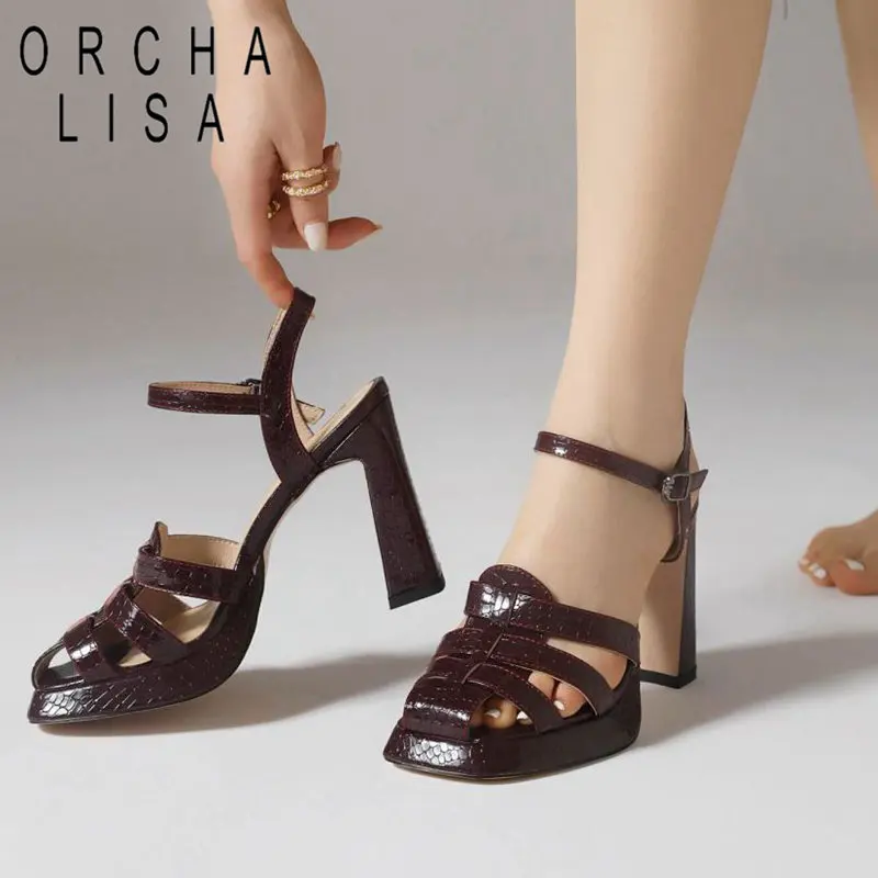 

ORCHA LISA Roman Female Sandals Square Toe Chunky Heel 9.5cm Platform 2cm Buckle Strap Hollow Daily Shoes Plus Size 44 45 46
