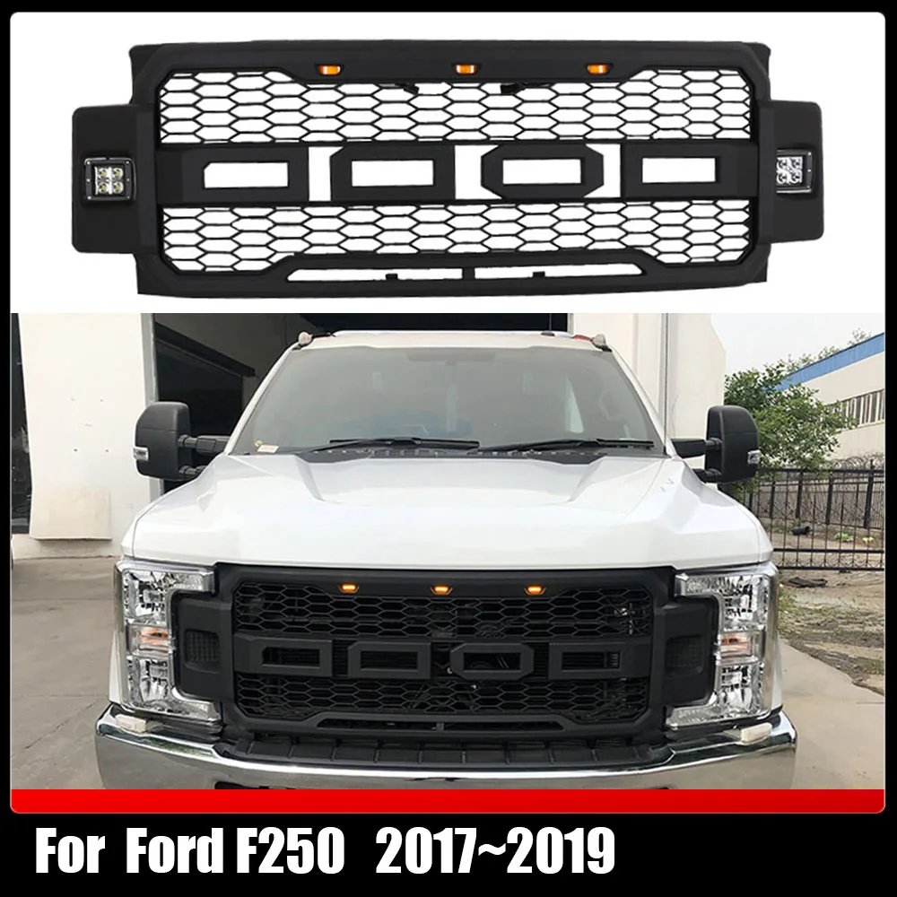 

For Ford F250 2017~2019 Car Accessories LED Modified Front Racing Grills ABS Hood Grill Mesh Raptor Grille Mask Trims Cover