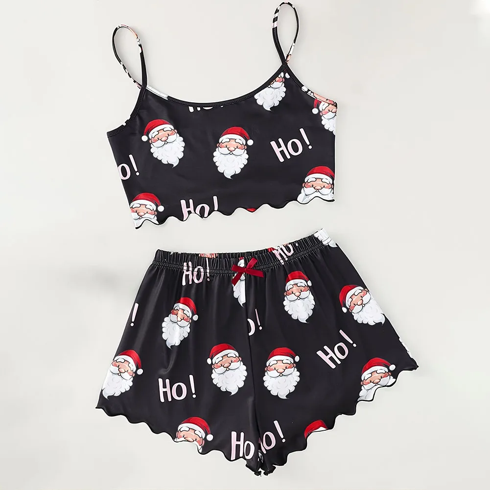 Women Christmas Pajamas Set Girls Homewear Sleeveless Top With Shorts Loungewear