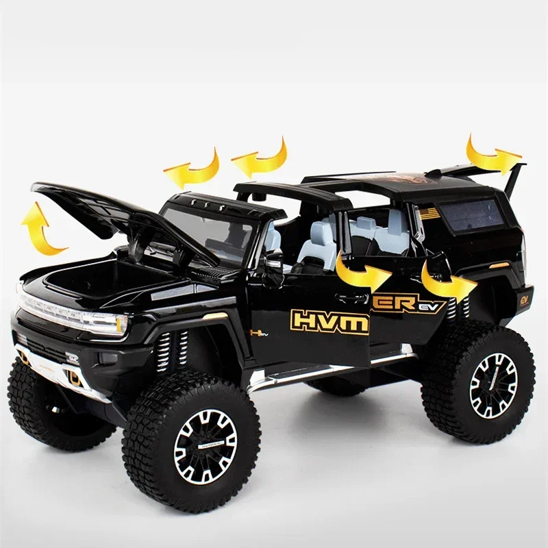 1:24 HUMMER EV 합금 신에너지 자동차 모델, 다이캐스트 금속 개조 오프로드 자동차, 자동차 모델 시뮬레이션 사운드 라이트, 어린이 선물