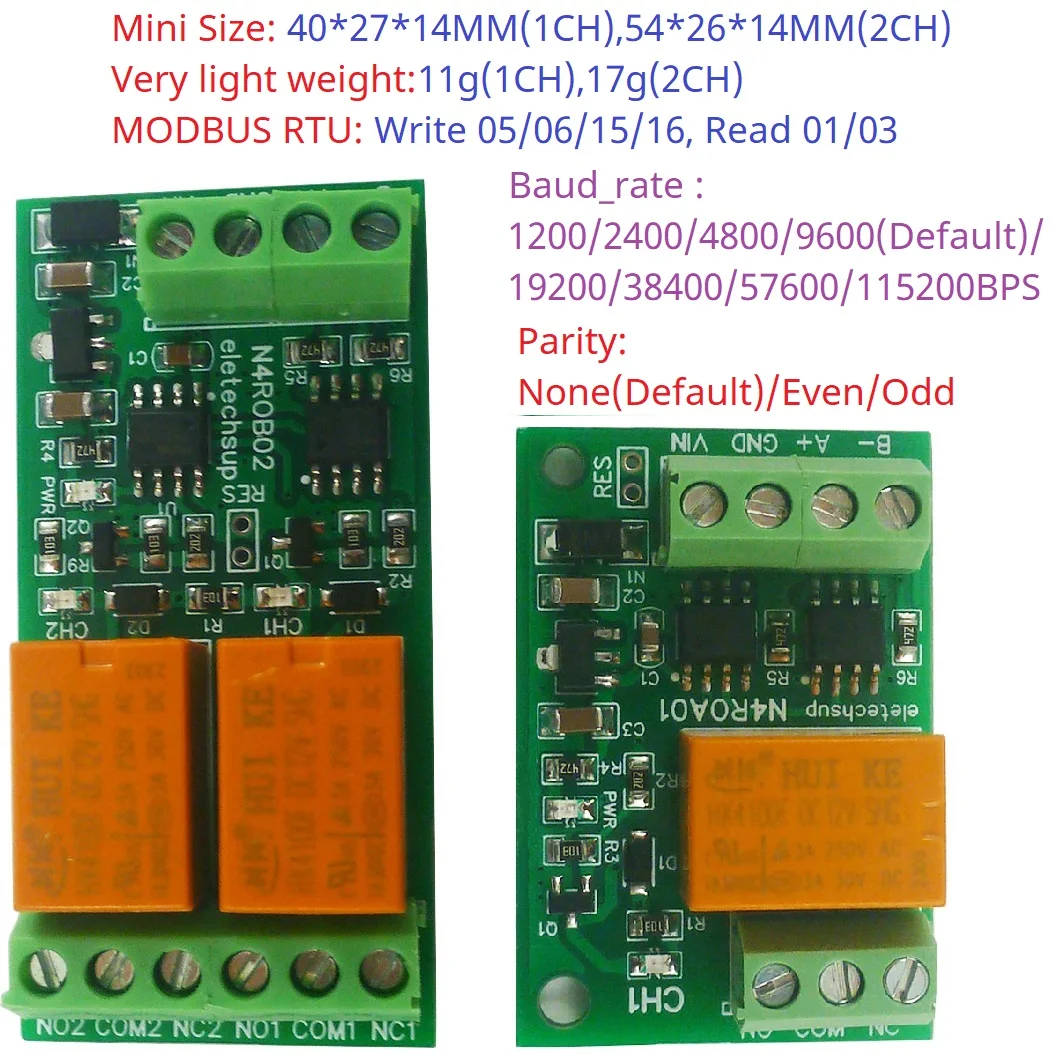 

Mini Size 1/2CH Multifunction RS485/RS422 Relay Module 8 Commands ON OFF Momentary Self-locking Interlock Delay DC 12V/24V