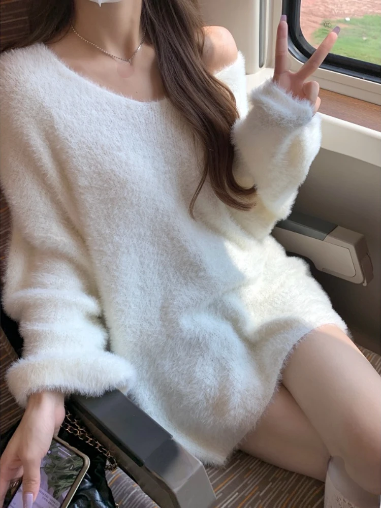 

Однотонный вязаный свитер с V-образным вырезом, женский милый элегантный белый пуловер с длинным рукавом, женская одежда в Корейском стиле Y2k, осень 2024