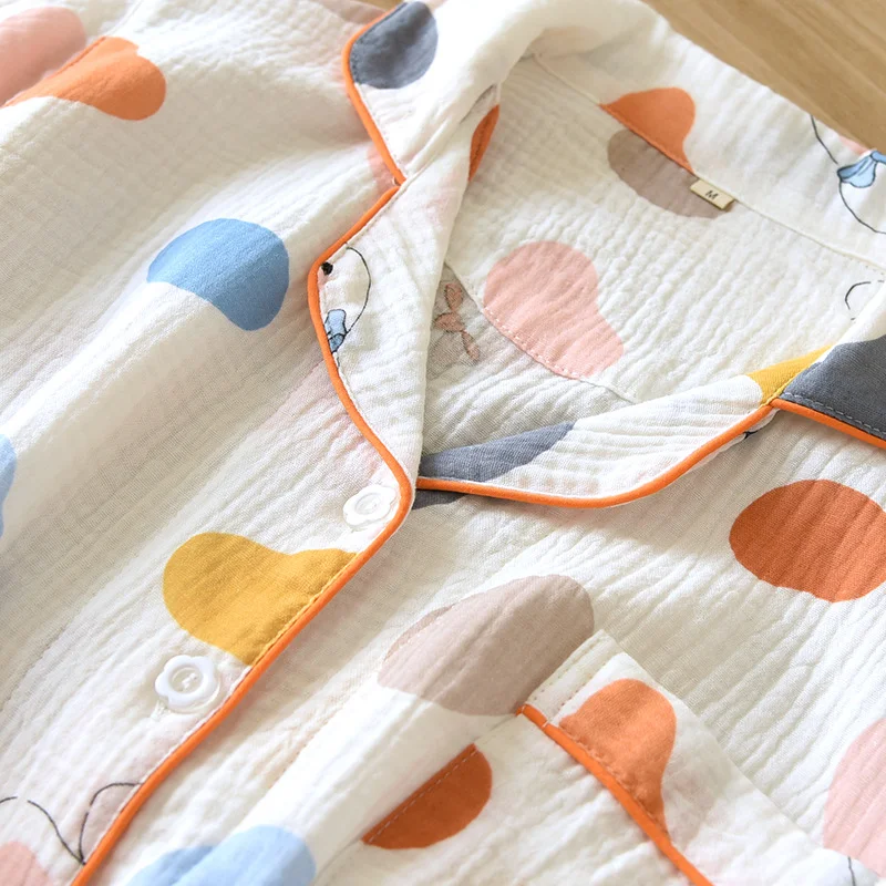 2023 Summer New Women's Home Furnishing Short Sleeve Shorts Two Piece Set 100% Cotton Crepe Ladies Cardigan Polo Nightwear Cover