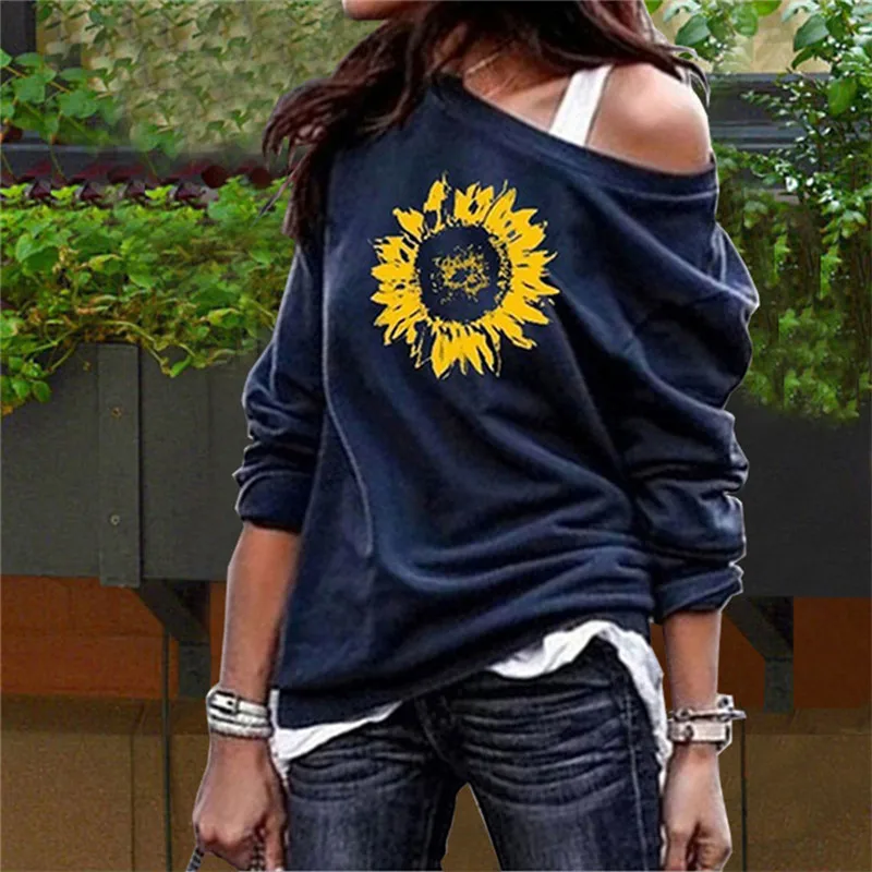 

Sunflower Printed Hoodie One Off Shoulder Fall 2020 Women Clothing Oversized Harajuku Sweatshirts Female Vintage Cotton Coat