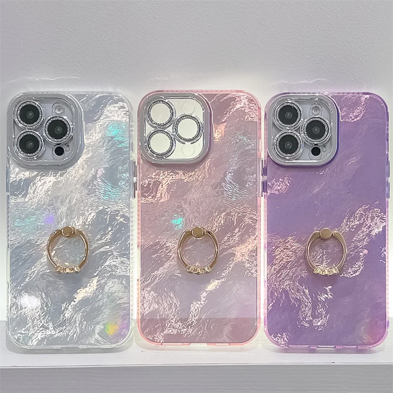 Étui de téléphone pliable avec anneau en aluminium pour iPhone 16 Plus 15 14 13 Pro Max, protection de caméra à paillettes, coque arrière rigide antichoc en PC_voghion.com
