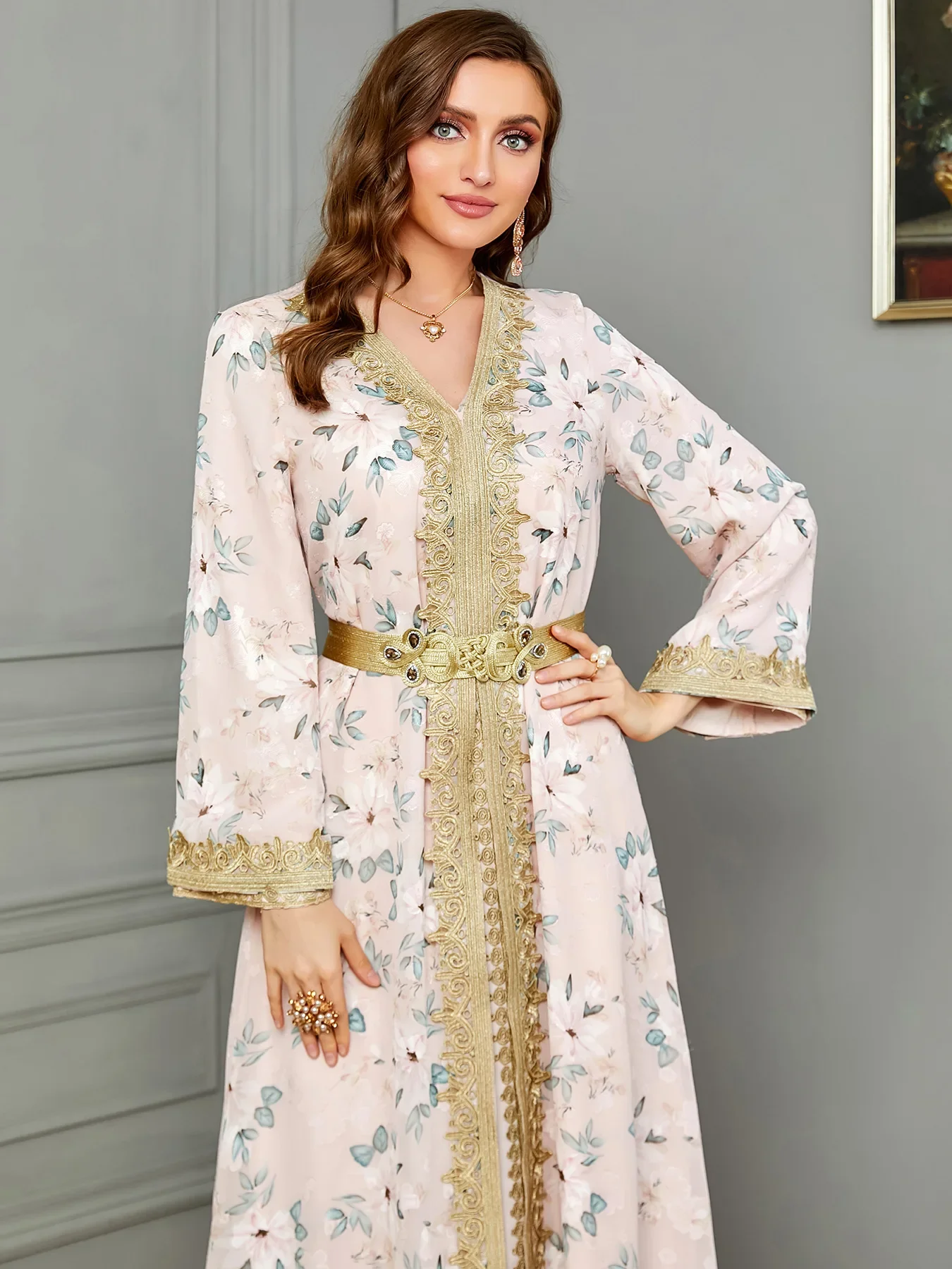 Autumn Winter Morocco Muslim Party Dress for Women Abaya 2 Piece Set Islamic Dresses Floral Print Kaftan Robe Vestidos Caftan