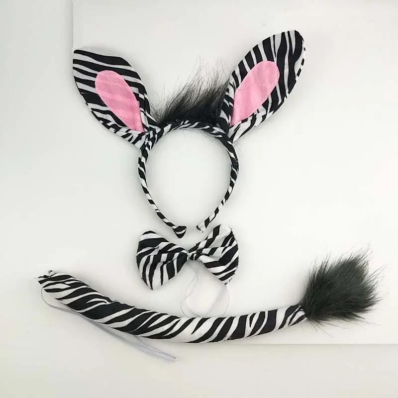 Adults Kids Plush Cartoon Animal Zebra Ear Headband Hairband Tail Bow Birthday Party Gift  Cosplay Costume  Christmas Halloween