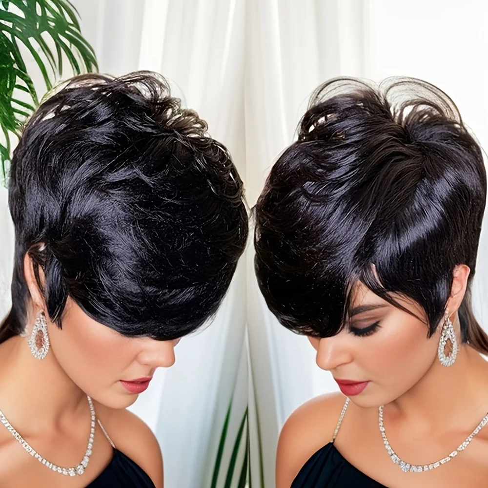 Human hair wigs for women short bob wavy with bangs full machine made Brazilian Remy straight pixie cut