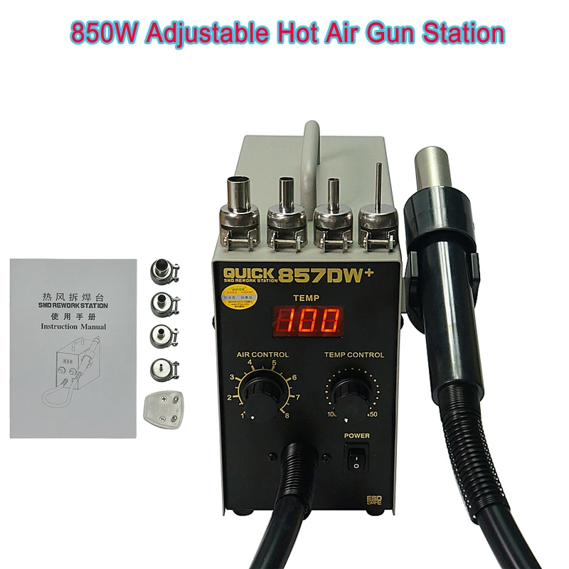 

QUICK 857DW+ Soldering Station 850W Adjustable Hot Air Gun Station with Heater Helical Wind Air Gun SMD Hot Rework Station