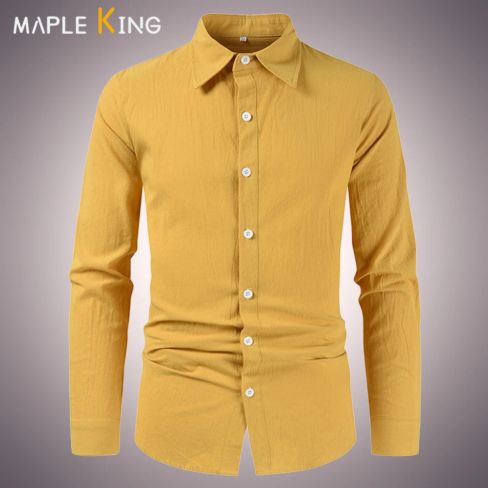 

Yellow Shirts Designer Clothes Men Cotton Linen Blusas Estampadas Long Sleeve Turn Down Collar Dress Shirts Mens Camisetas Tops