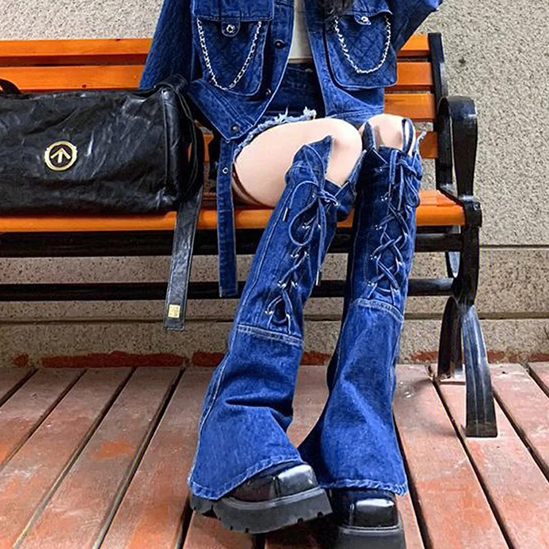 

Vintage Fairycore Grunge Blue Denim Thigh-High Stockings Y2K Chic Tie Up Jeans Knee Socks Women Basic Stocking