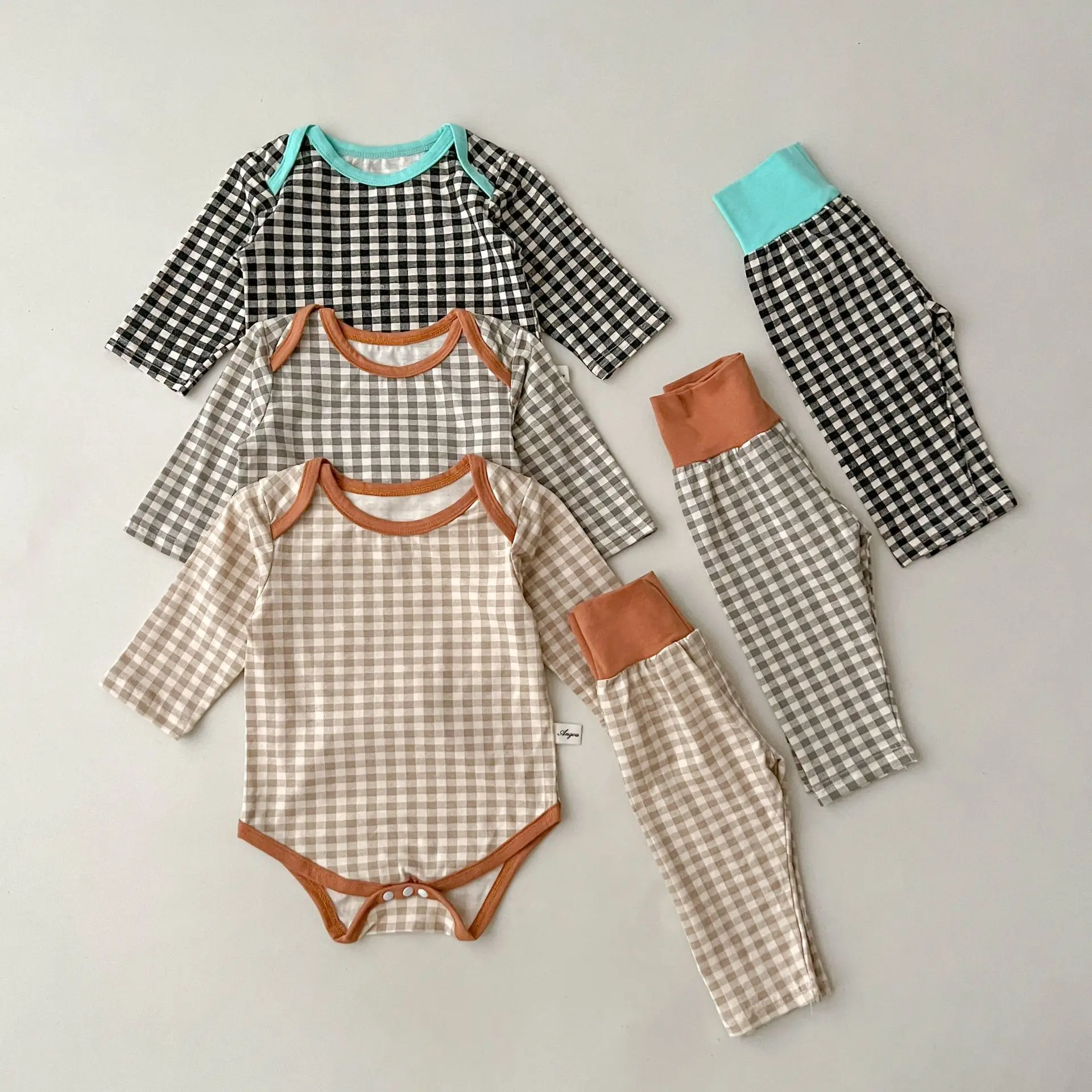 2023 Autumn New Baby Long Sleeve Plaid Bodysuit Toddler Leggings 2pcs Suit Infant Girl Home Clothes Set Cotton Toddler Outfits