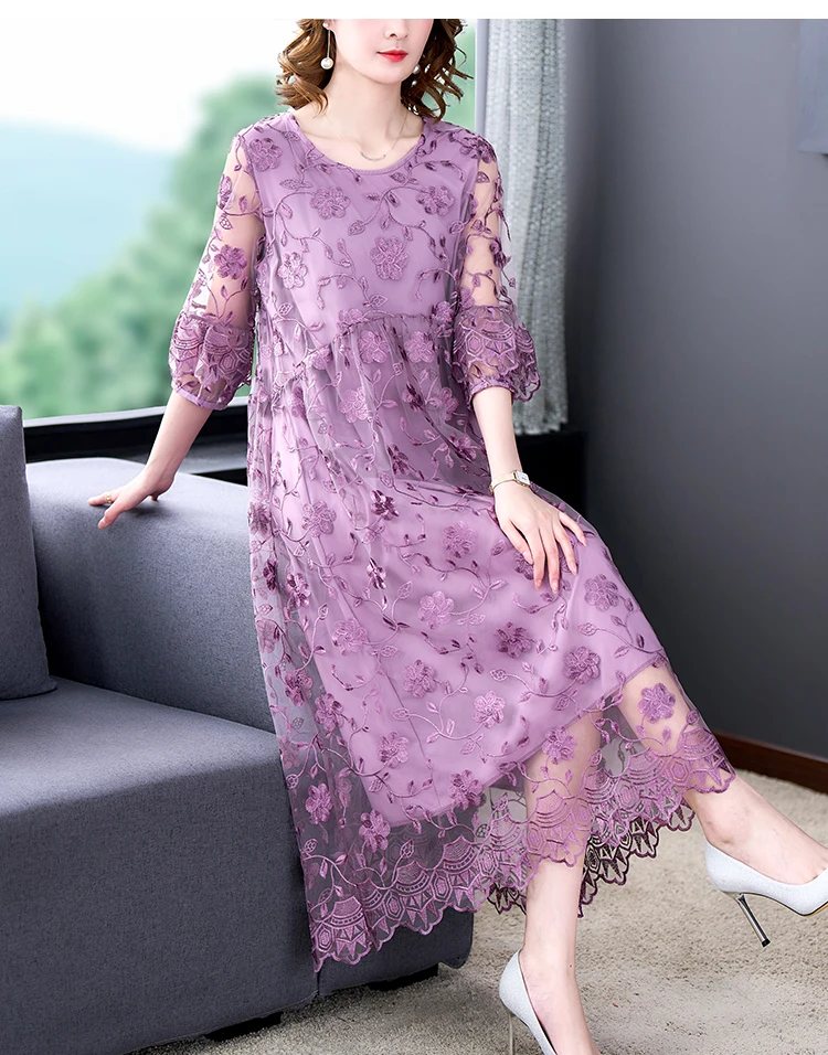 

Spring Autumn Purple Floral Mulberry Silk Embroidery V-Neck Sexy Mdi Dress 2022 Women Korean Vintage Hepburn Elegant Party Dress