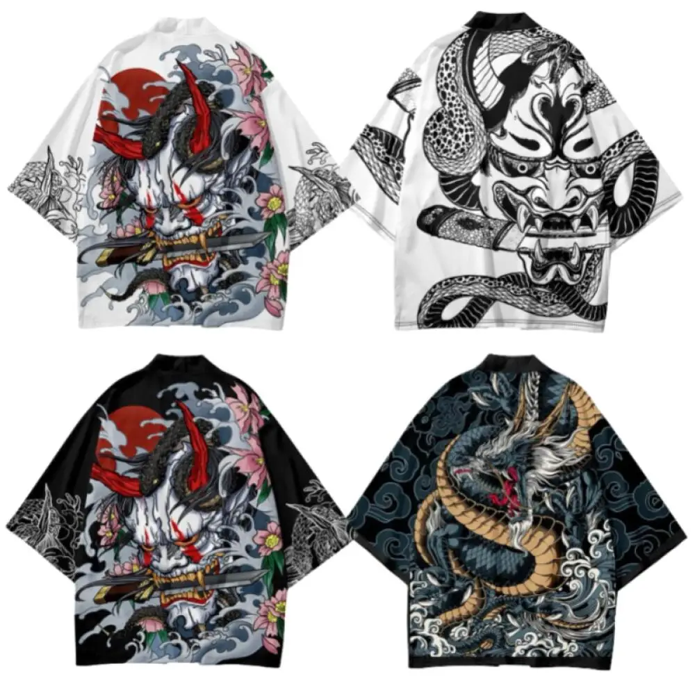 Summer Demon Snake Print Men's Japanese Kimono Chinese Dragon Pattern Plus Size Asian Traditional Costume Cosplay Coat