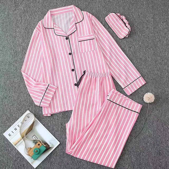 Sexy Sleepwear Women Plus Size Pink Striped Pajamas Bubble Crumpled Cotton Student Loungewear Long Sleeve Long Pants Nightwear