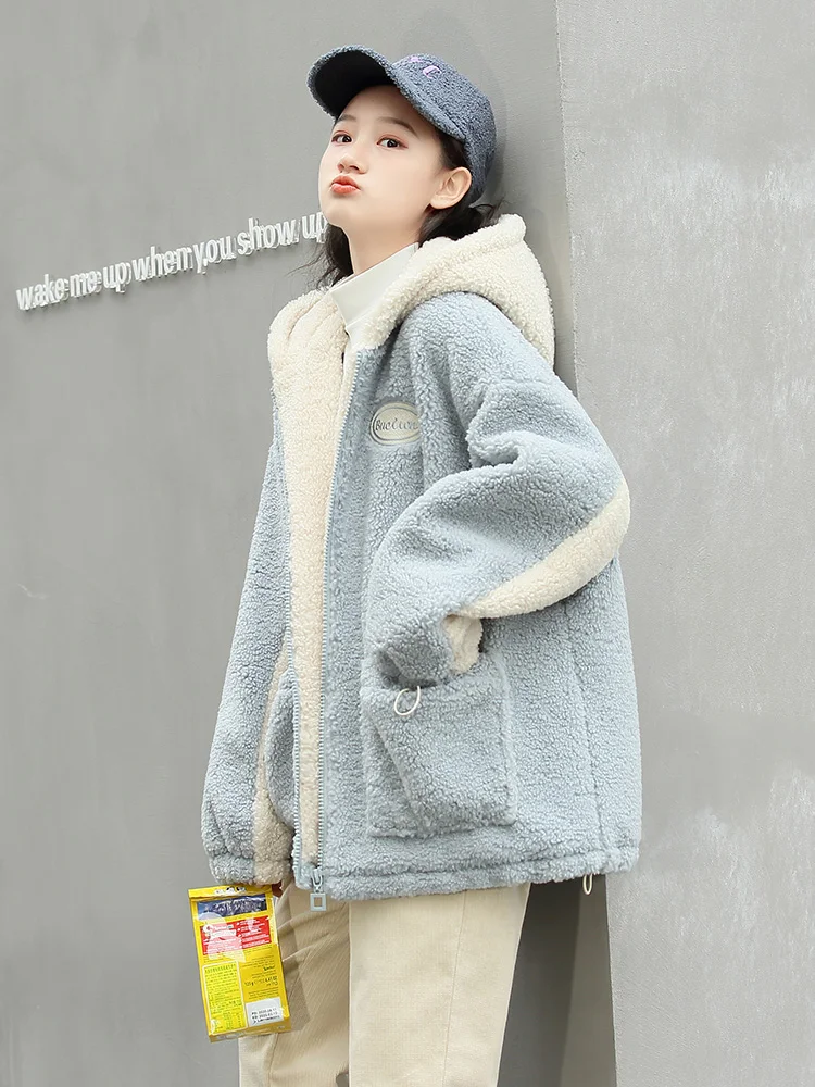 

Winter Clothes Thickened 2022 Autumn And Winter New Lamb Wool Cashmere Coat Junior High School Students Hooded Cotton Padded
