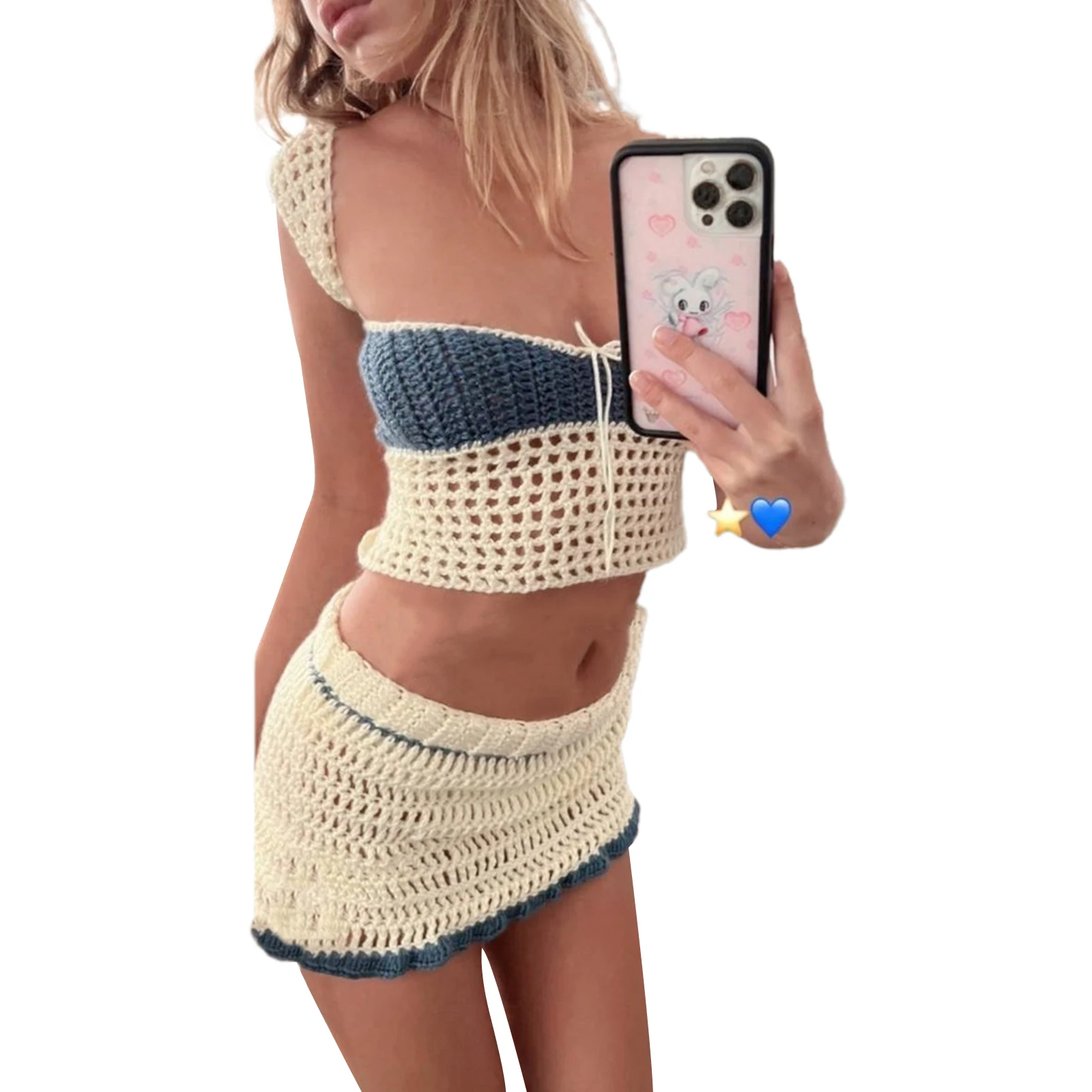 2PCS Women's Knitting Suit Summer Outfit Sleeveless Knit Hollow Patchwork Tie Up Tops Elastic Contrast Color Skirt Beachwear