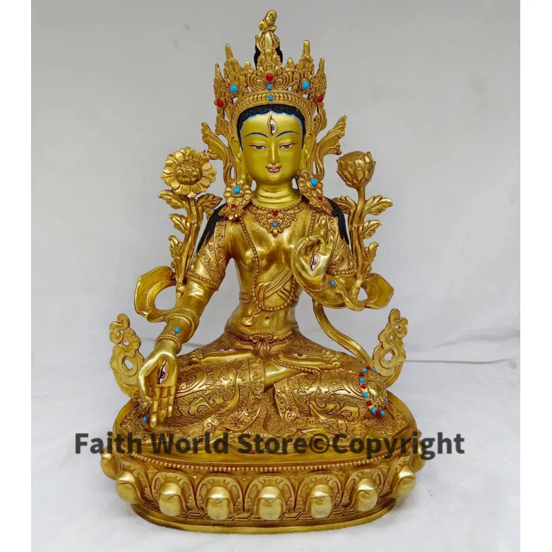 

33CM large Tibet Nepal GOOD god Buddha statue Buddhism Family protection goddess White Tara Guanyin Buddha copper gold-plating