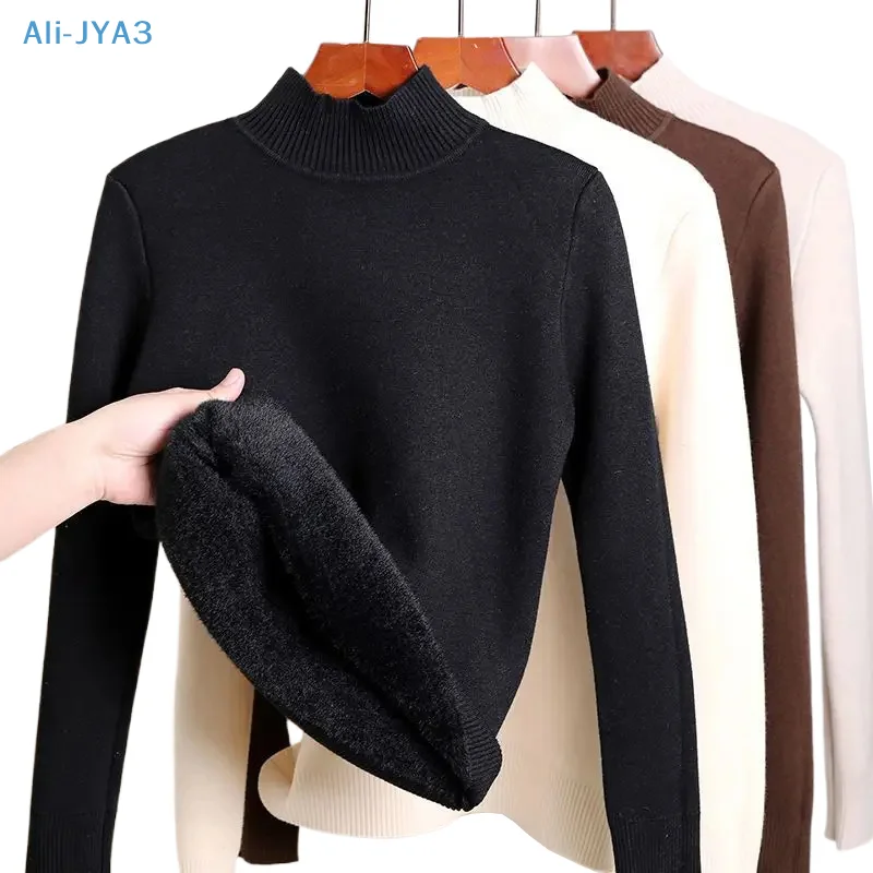 

Solid Color Turtleneck Plus Velvet Pullover Sweater Women All-match Soft Thick Knitted Inner Outwear Women Sweater