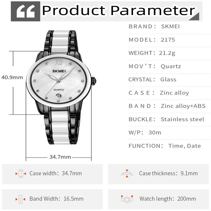 Skmei Womens Quartz Calendar Wristwatch Luxury Rhinestone Dial Zinc Alloy Band Analog Display Female Bracelet Waterproof Watches 3