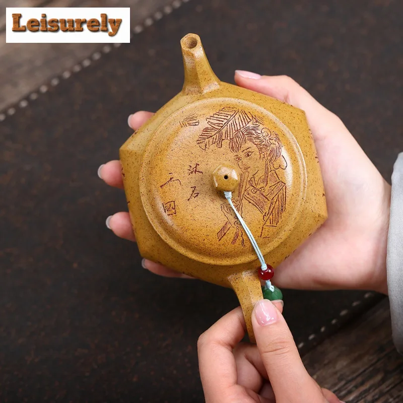 220ml Vintage Yixing Purple Clay Teapot Artists Handmade Hexagonal Open Oven Pot Raw Ore The Keel Gold Sand Kettle Zisha Tea Set