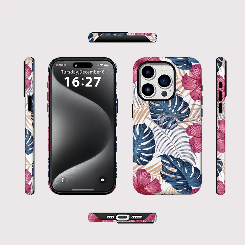 Magnetic Luxury Silicone Phone Case with Wireless Charging and Leaf Print Design