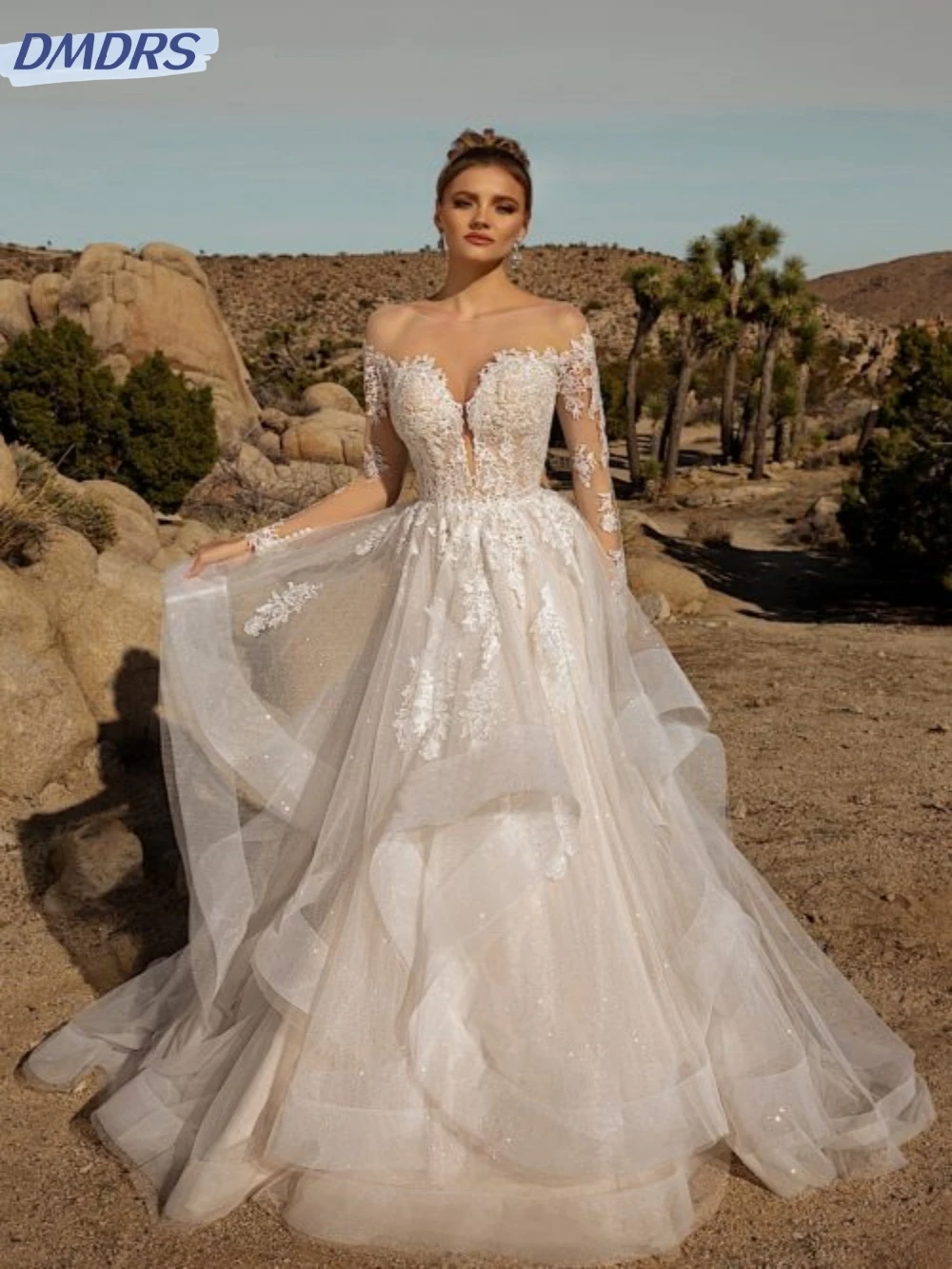 

Simple O-neck Long Sleeve Bride Robe Classic Appliques Sequins Bridal Gown Sparkly A-line Long Wedding Dress Robe De Mariée
