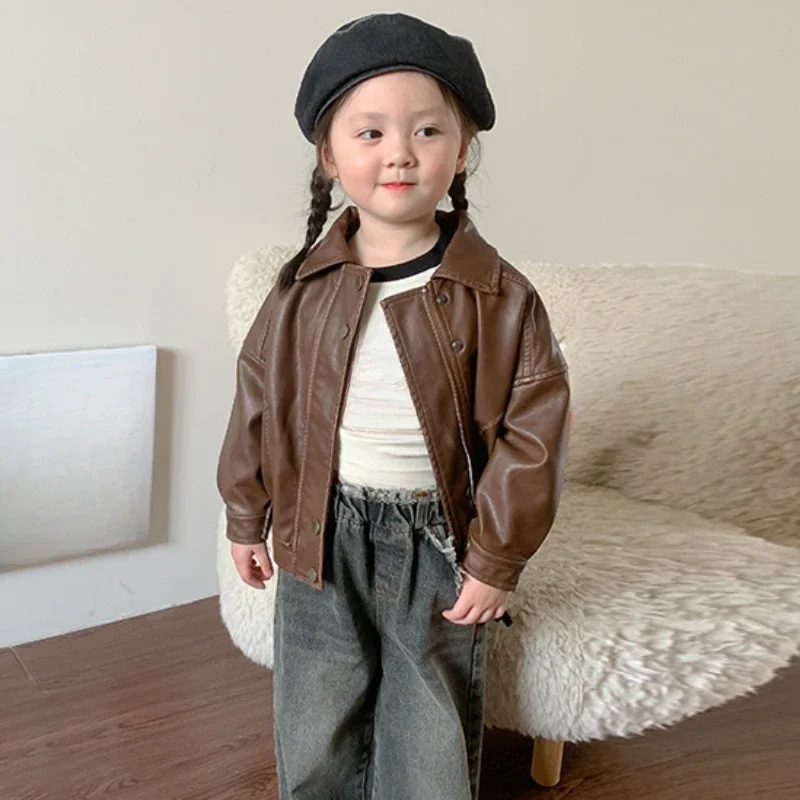 

Осенний Новый кожаный кардиган с длинными рукавами для мужчин и девочек детская одежда Корейская версия куртки