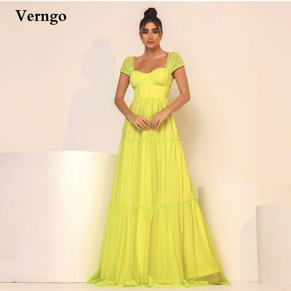 

Verngo Fluorescent Green A Line Long Evening Dresses Off the Shoulder Tiered Arabic Women Formal Prom Gowns Robe de soiree
