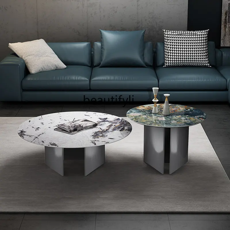 

zq Nordic Italian Luxury Stone Rock Plate Coffee Table Simple Living Room Stainless Steel Feet Marble round Furniture
