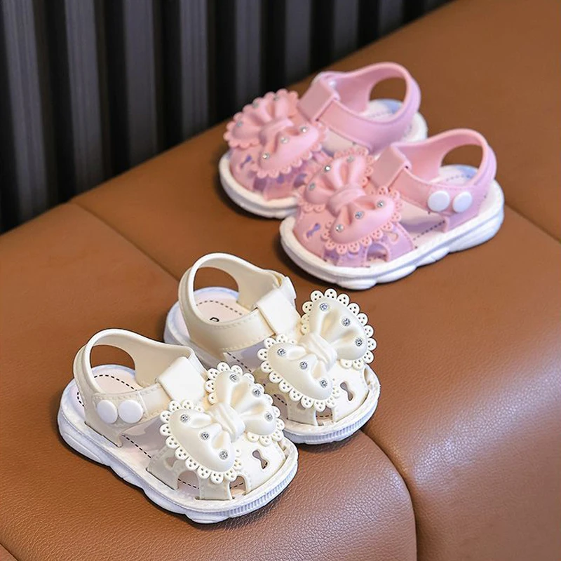 0-3 Cute Bow Rhinestone Baby Shoes For Girls Non-Slip Soft-Soled Children Toddler Kids Sandals With Covered Toes