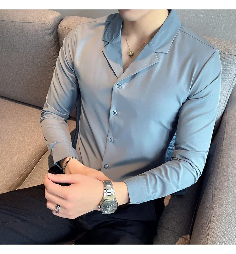 Description Picture 6 of item2022 Fashion Men Shirts Long Sleeve Casual Slim Fit Dress Shirts V-neck Streetwear Formal Social NightClub Party Tuxedo Clothing