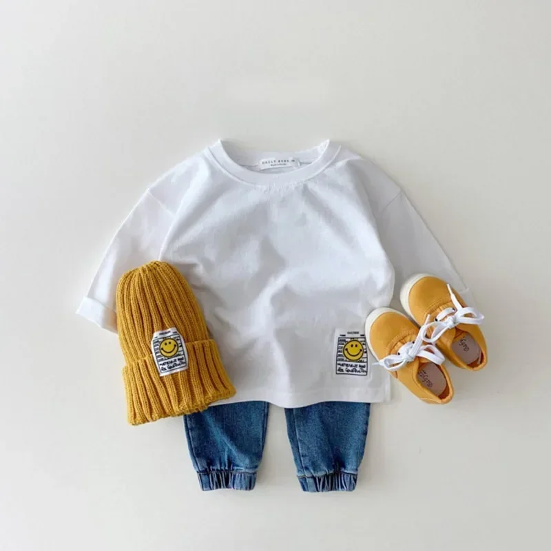 9297  Korean Ins Baby T Shirt Simple Smiling Face Casual T-shirt Autumn Boy's Bottoming Shirt 0-3Year Girl's 2