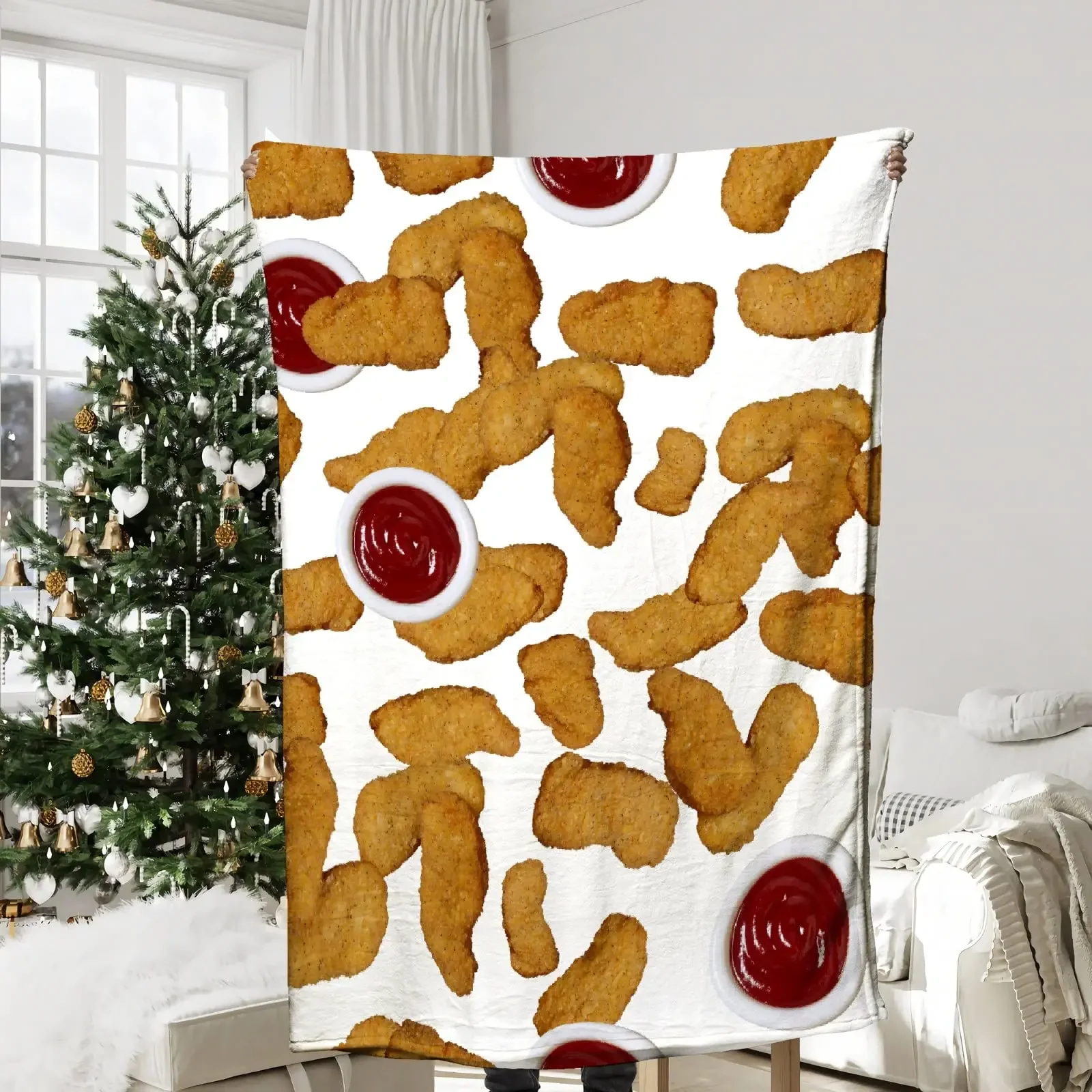 thumbnail image 1 of Manta de franela suave con diseño de nuggets de pollo y deliciosa carne, manta de sofá de comida rápida de estilo occidental para niños, tamaño king y queen, 1 of 5