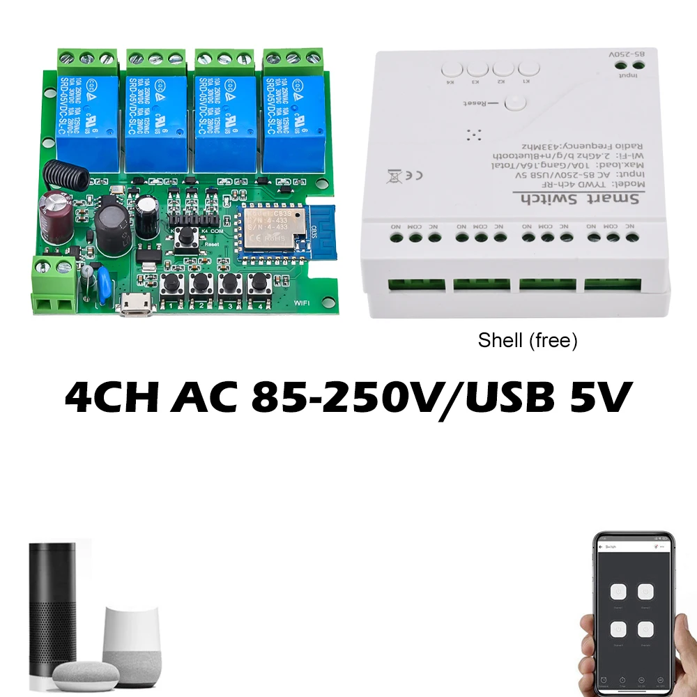 Tuya App 4 Way Smart Relay Switch Module WIFI Remote Control On-off Module with 433MHz Micro USB 5V AC 85V-250V RF Receiver