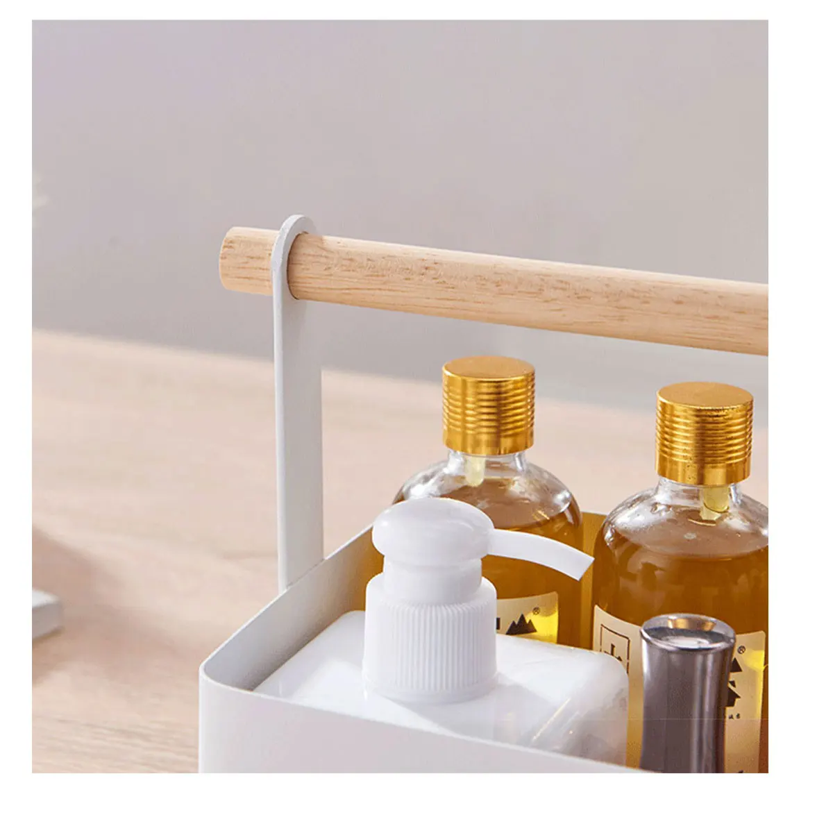 Storage Holder for Makeup Nursery Desk, Home, Bathroom, Kitchen, Caddy, Handle Organizer, Steel and Wood 5