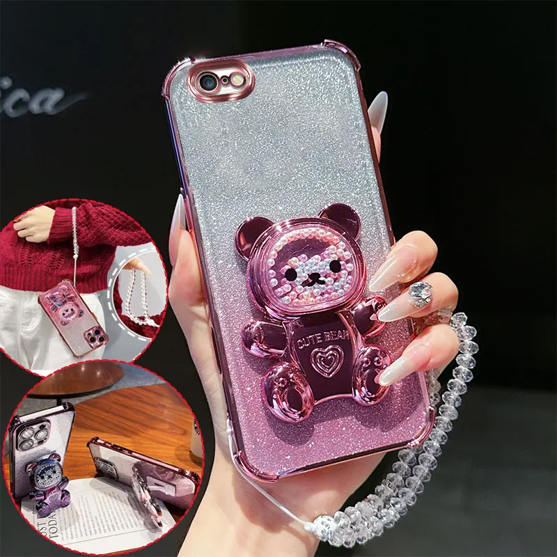 Shockproof Phone Case with 3D Bear Stand and Glitter Crystal Chain Lanyard