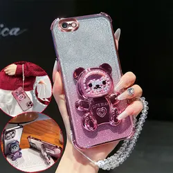 Shockproof Phone Case with 3D Bear Stand and Glitter Crystal Chain Lanyard for iPhone SE 2016 (Pink)