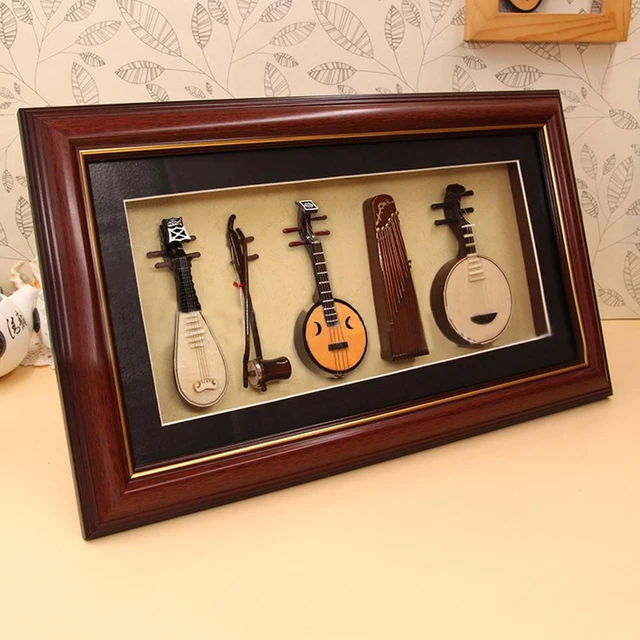 Vintage Chinese Miniature Musical Instruments Framed Pictures Set of 4 Wall  Hang