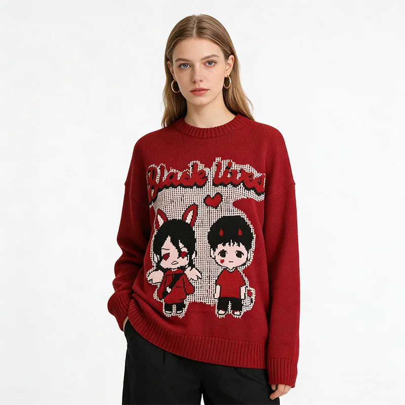 Harajuku Cartoon Girl Grafik-Pullover, lockerer Strickpullover, Unisex, Rundhalsausschnitt, lockerer, lässiger Herbst-Winter-Strickpullover, Rot – Detail 2