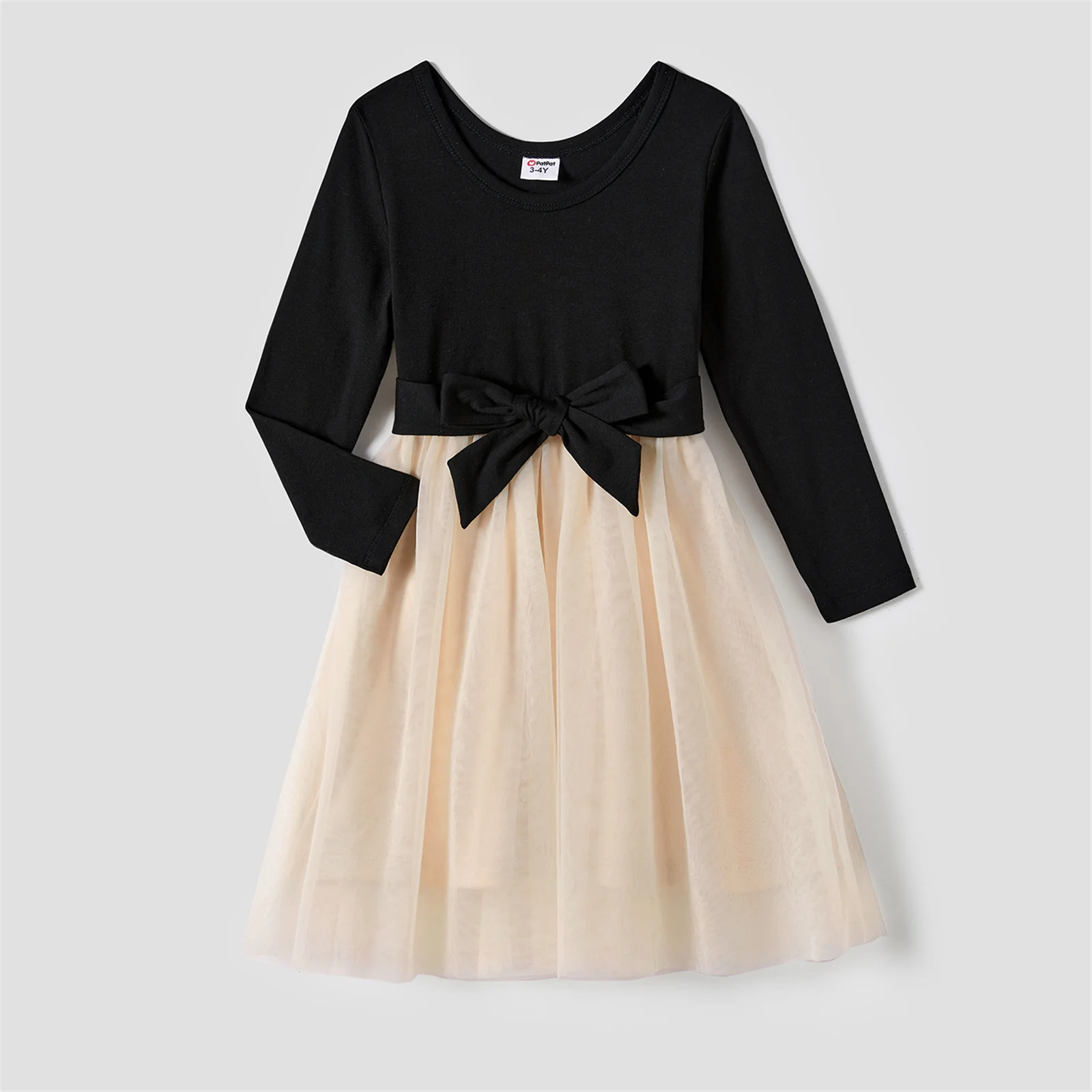 PatPat Family Matching Outfits Black-Almond Mesh Skirt Sets Classic Round Neck Long Sleeve Tops Sets