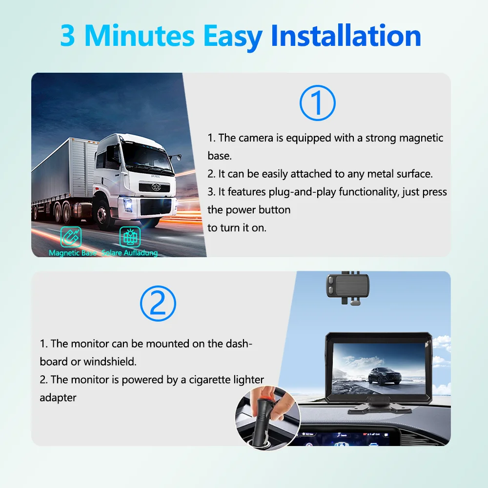 10.1" Wireless Vehicle DVR 2.4G BSD Recording Monitor System Kit Solar Charge With 720P Backup Rear View Camera For Truck/RV/Bus 2
