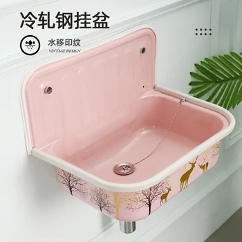 อ่างล้างหน้าสไตล์ยุโรปแบบแขวนผนังสีแดงทองแดงโบราณ ดีไซน์ย้อนยุค เหมาะสำหรับห้องน้ำ ห้องตัวอยู่ ห้องครัว และระเบียง 1