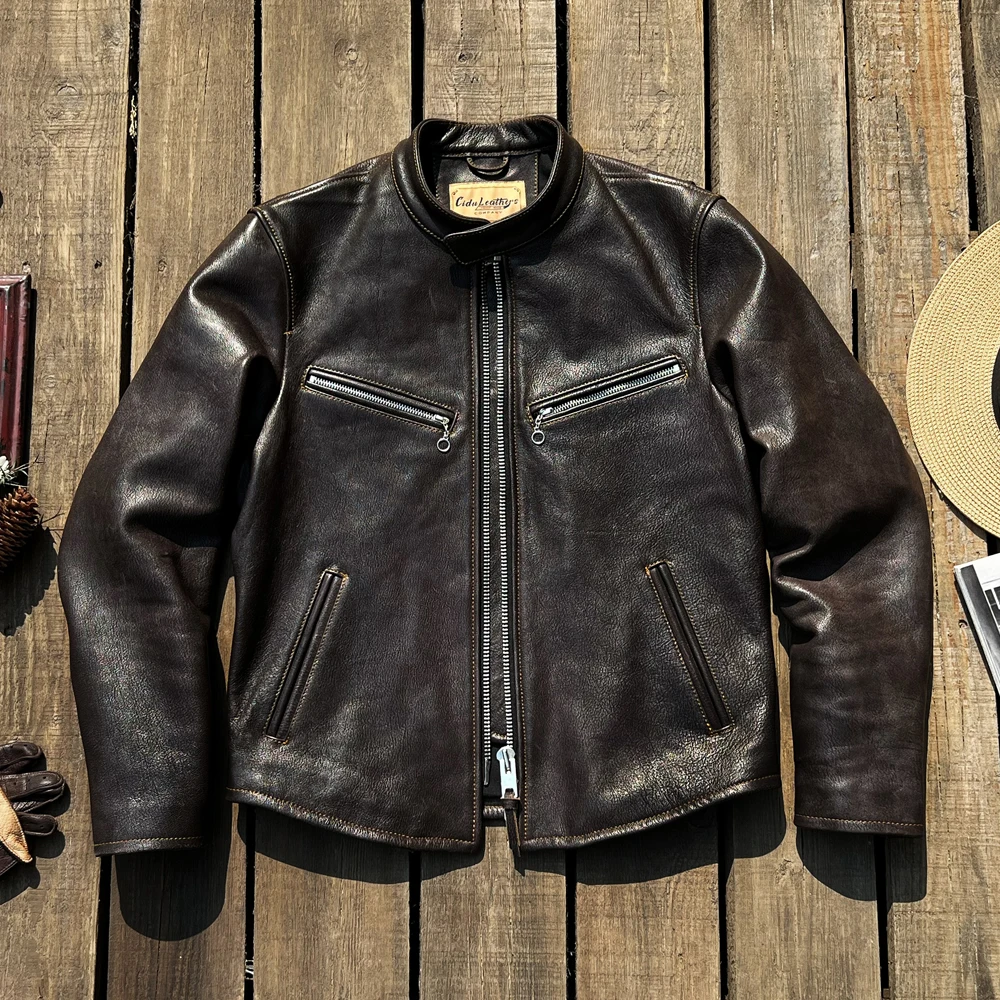 Yr!free Shipping.luxury Tanned Goatskin Jacket,retro Classic Rider